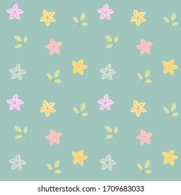 Seamless vector abstract pattern of small daylily flowers in different colors and leaves arranged randomly on a light green background. Made in the flat style, perfect for scrapbooking.