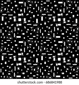 Seamless vector abstract pattern with small dots and geometric elements on black background 