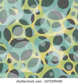Seamless vector abstract pattern with transparent space circles on yellow and blue background 