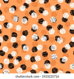 Seamless vector abstract pattern. Trendy grunge brush stroke shapes. Geometric polka dot circles. Orange, black, and white repeat design. Perfect for fashion, fabric, textile, and web graphic design.
