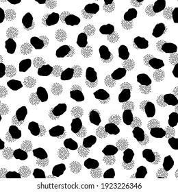 Seamless vector abstract pattern. Trendy grunge brush stroke shape. Geometric polka dot circles. Monochrome black and white repeat design. Perfect for fashion, fabric, textile, and web graphic design.