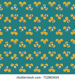 Seamless vector abstract pattern with yellow flowers, dots and abstract shapes  elements on turquoise background 