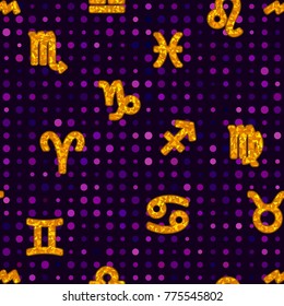 Seamless vector abstract pattern. Zodiac icons on a dark background.