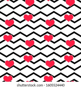 Seamless vector with abstract red hearts texture on black and white zigzag stripes