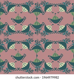 Seamless vector abstract repeat pattern in dusky shades of blue, green and pink in a symmetrical layout