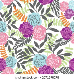 Seamless vector abstract roses and leaves pattern background, suitable for packaging, fabric, wallpaper, paper, scrapbooking, invitation, greetings, wrapping paper and for other design projects. 