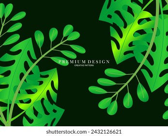 Seamless vector abstract tropical leaves background. Repeating tropical leaf pattern. Green foliage border. Summer and spring design elements. Beautiful leaf decoration.