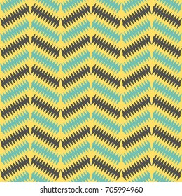 Seamless vector abstract vintage retro geometric pattern. Chevron style texture in yellow, blue, grey. Cute zigzag lines with spines. Wrapping paper, scrapbook, interior, cloth, fabric, bed sheet.