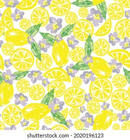 Seamless vector abstract watercolor lemon and floral pattern background. Suitable for packaging, scrapbooking, table cloth, tea towel and other design projects.