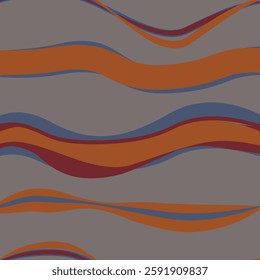 Seamless vector abstract wave pattern with earthy brown, red, and blue tones on a neutral gray background. Perfect for textile design, wallpapers, digital backgrounds, and modern aesthetics.