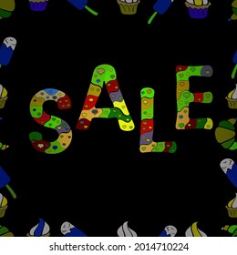 Seamless. Vector Advertising pictures in yellow, green and black colors. Hand Drawn Text on cute Background. Hot Summer Sale Banner Design.