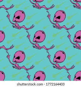 Nahtlose Vektorgrafik von Luft- und Raumfahrt, Aliens und UFO auf pastellfarbenem Hintergrund