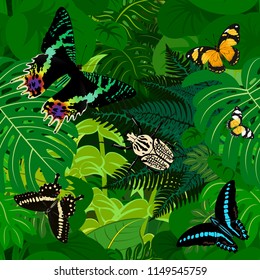 Seamless vector african tropical rainforest jungle background with butterflies
