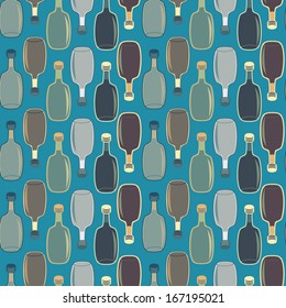 Seamless vector alcohol bottles pattern on blue