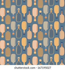 Seamless vector alcohol bottles pattern on blue