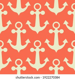 Seamless vector anchor pattern.  Nautical design with trendy geometric anchors. Orange and white ocean shapes. Cute peach background. Perfect for fashion, textile design, home decor, and cute fabric.