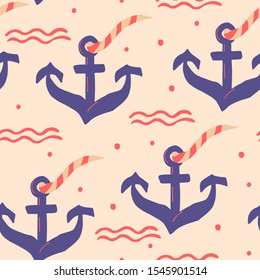 Seamless vector with anchors and waves on white background.  Sea ​​background. Design can be used for paper, wallpaper, textile, fabric. Hand-drawn cartoon illustration. 