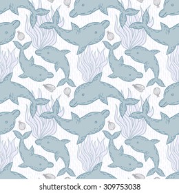 Seamless vector animal background. Summer sea pattern with dolphins and algae.