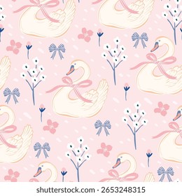 Padrão de animal vetorial contínuo. Fundo rosa bonito, pastel com cisnes, flores e arcos. Design de superfície elegante e sonhador perfeito para crianças, meninas e temas de conto de fadas românticos.