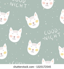 Seamless vector animal pattern with sleepy cat faces. Concept for fabric and wrapping paper, surface textures.