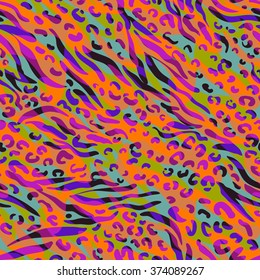 seamless vector animal patterns. Zebra stripes  with tiger and leopard spots on a colorful background. Easily editable layers of design, for fashion or interior. 