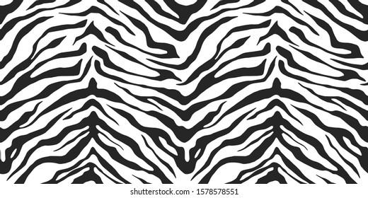 Seamless Vector Animal Skin Pattern. Zebra Tiger Stripes Background. Black And White Wildlife Print. For Fabric, Textile, Wrapping, Cover, Web Etc. 10 Eps Design.