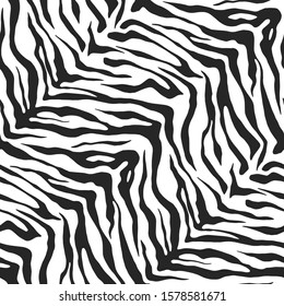 Seamless vector animal skin pattern. Zebra tiger stripes background. Black and white wildlife print. For fabric, textile, wrapping, cover, web etc. 10 eps design.