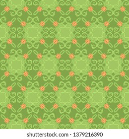 Seamless vector antique ornament in green hues with orange flowers on the pale background as a fabric texture