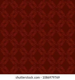Seamless vector antique ornament interweaving bright red thin lines on the dark background as a fabric texture