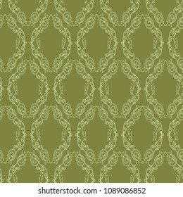 Seamless vector antique ornament with light green interlaced lines on the khaki background as a fabric texture