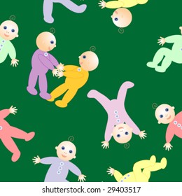 Seamless vector in any direction. Babies in colorful coveralls playing with each other.