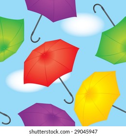 Seamless vector in any direction. Scattered colorful umbrellas in the sky.