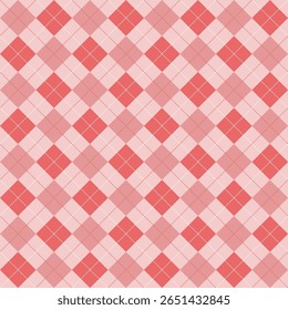 seamless vector argyle pattern in soft red and pink pastel tones, featuring classic diamond shapes with dotted lines. Ideal for retro-inspired fabrics, textile prints, or digital backgrounds.