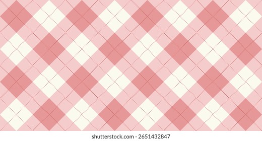 seamless vector argyle pattern in soft red and pink pastel tones, featuring classic diamond shapes with dotted lines. Ideal for retro-inspired fabrics, textile prints, or digital backgrounds.