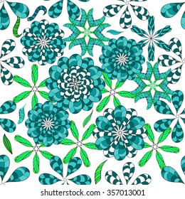 Seamless vector art doodles stripes flowers on white background