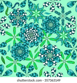 Seamless vector art doodles stripes flowers on light green background