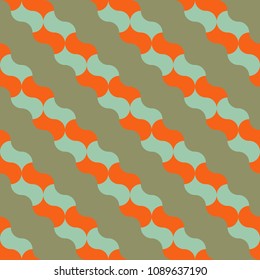 Seamless vector art geometric pattern background. Geometric shapes in the form of a oval figures orange and green colors and diagonal line with bends in the form of an ellipse. Retro style. Vintage.