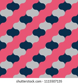 Seamless vector art geometric pattern background. Geometric shapes in diagonal line with bends in the form of an ellipse pink, dark blue and gray colors. Retro style. Vintage. Abstract illustration.