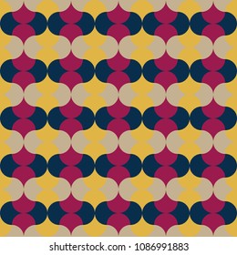 Seamless vector art geometric vertical pattern background. Geometric shapes in the form of a turnip - blue with red semicircles inside and white with yellow semicircles inside.