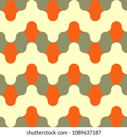 Seamless vector art geometric vertical pattern background in gold, green, orange colors. Geometric shapes in the form of a spinning top. Spreading paint. Retro style. Vintage colors.