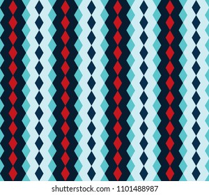 Seamless vector art geometric vertical pattern background in red, white and blue colors. Geometric shapes in the form of rhombuses and vertical strips. Illustration with Repeating texture diamond.