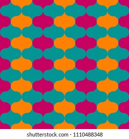 Seamless vector art geometric vertical pattern background. Geometric figures in the form of ovals. Retro style. Vinrage colors. Large shapes are arranged vertically in orange, green, pink colors.