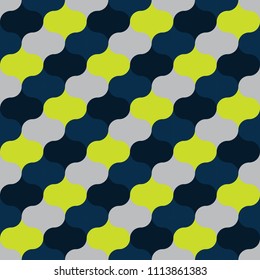 Seamless vector art geometric vertical pattern background. Geometric figures in form of ovals. Retro style. Large shapes are arranged diagonal in yellow, black, gray colors. Abstract illustration.