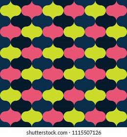 Seamless vector art geometric vertical pattern background. Geometric figures in form of ovals. Morocco style. Large shapes are arranged vertically in yellow, pink, black colors. Abstract illustration.