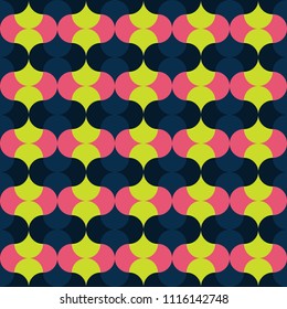 Seamless vector art geometric vertical pattern background. Geometric figures in form - ovals. Morocco style. Large shapes are arranged vertically in yellow, black, pink colors. Abstract illustration.