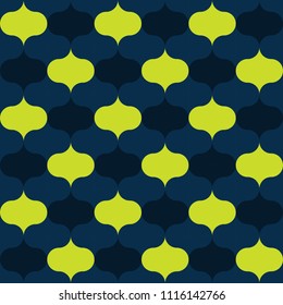 Seamless vector art geometric vertical pattern background. Geometric figures in form - ovals. Morocco style. Large shapes are arranged vertically in yellow, green, black colors. Abstract illustration.