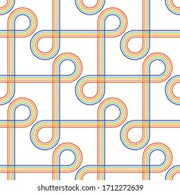 Seamless vector art with modern geometric pattern of lines and loops causing optical effect. Rainbow of stripes that intertwine in complex and bright design. Suitable for textiles and wrapping.