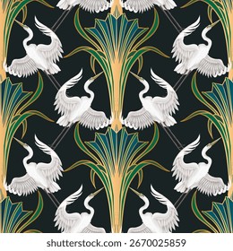 A seamless vector artdeco pattern featuring elegant white cranes and golden stylized foliage on a dark green background