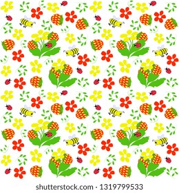 Seamless vector artistic pattern, with a strawberry lawn, blooms motley, bees, ladybirds on a white background, for the surface, packaging, postcards, wallpaper. Summer background. Summer design.
