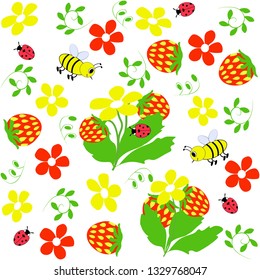 Seamless vector artistic pattern, with a strawberry lawn, blooms motley, bees, ladybirds on a white background, for the surface, packaging, postcards, wallpaper. Summer background. Summer design.
